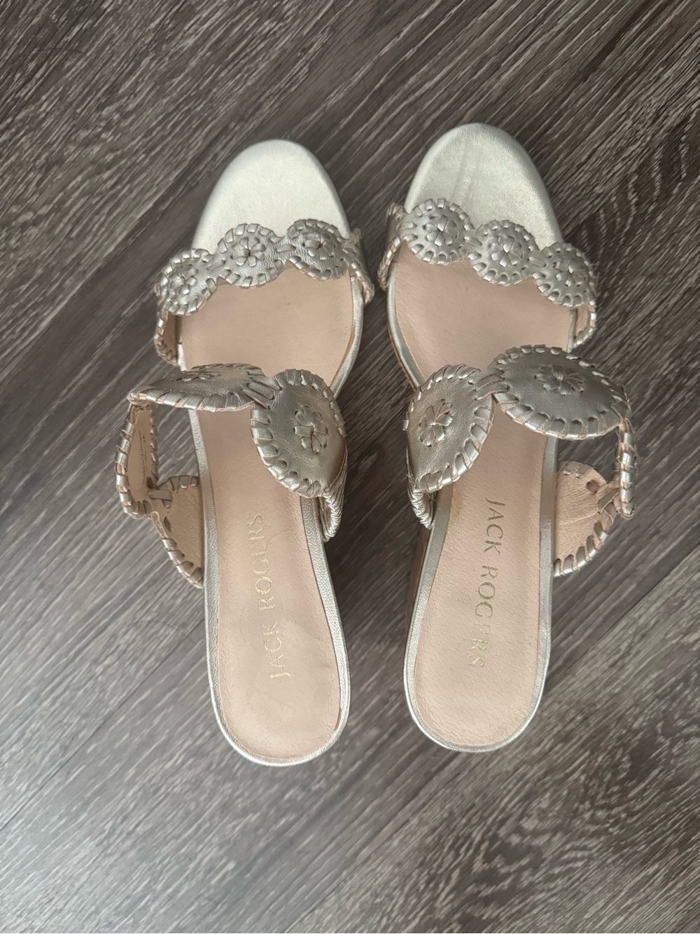 Jack Rogers Silver Whipstitch Medallion Slide Sandals